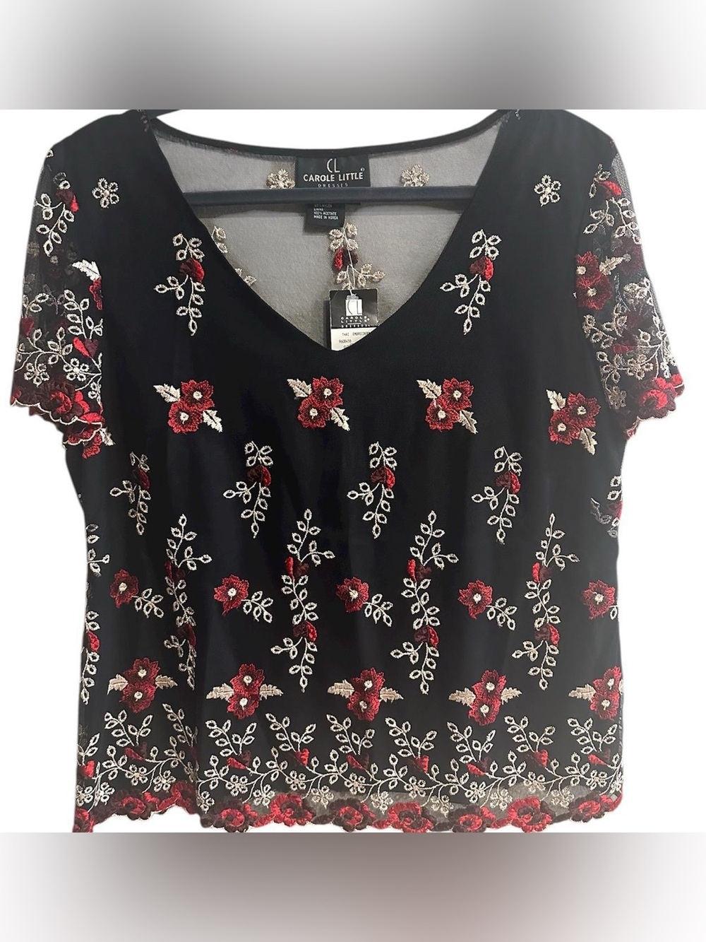 NWT Carole Little Mesh Floral Embroidered Top Women's SZ 14 Boho Romantic Sheer